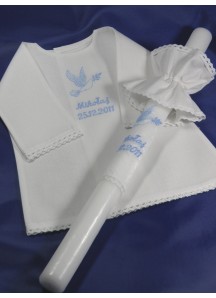 Komplet do chrztu z imieniem (kk2) : szatka - koszulka, świeca i profitka