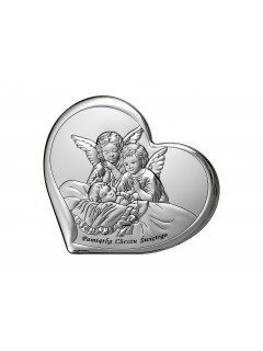 Srebrny Obrazek serduszko z Aniołami - napis Pamiątka Chrztu